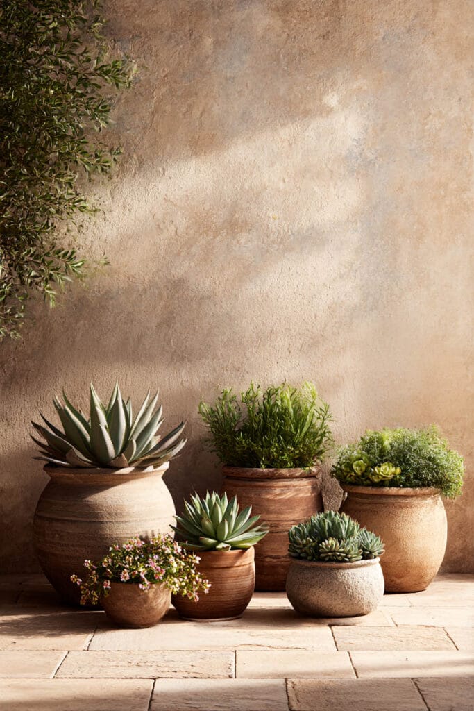 Mediterranean terracotta pots with succulents, agave plants, and heat-tolerant container garden styling on warm patio