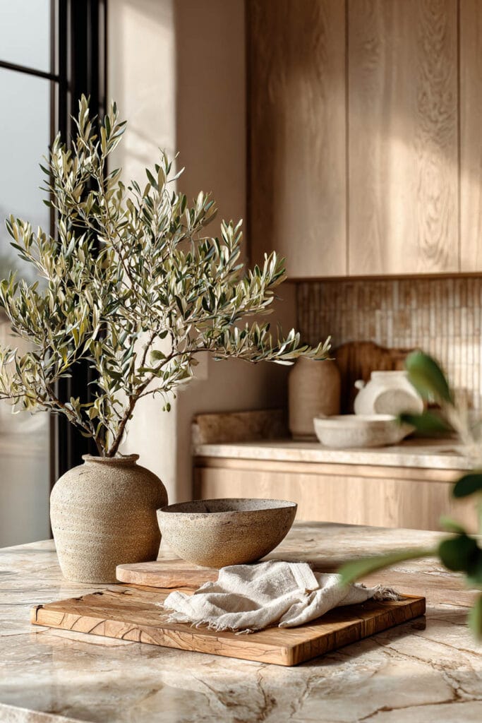 Organic modern kitchen with olive branches, warm wood cabinets, stone countertops, ceramic decor, and natural earthy textures