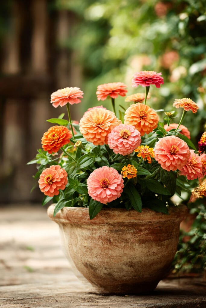 Peach and coral zinnias in a terracotta planter with heat-tolerant flowering plants and romantic cottage garden styling