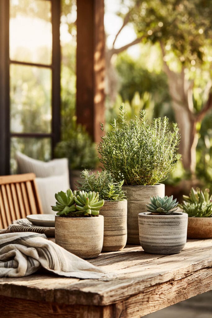 Mediterranean outdoor table with succulents, rosemary, stone planters, and heat-tolerant container plants in warm sunlight