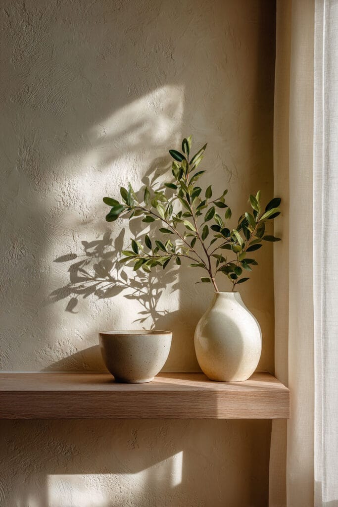 Minimalist small kitchen shelf styling with olive branches in a ceramic vase and warm neutral decor