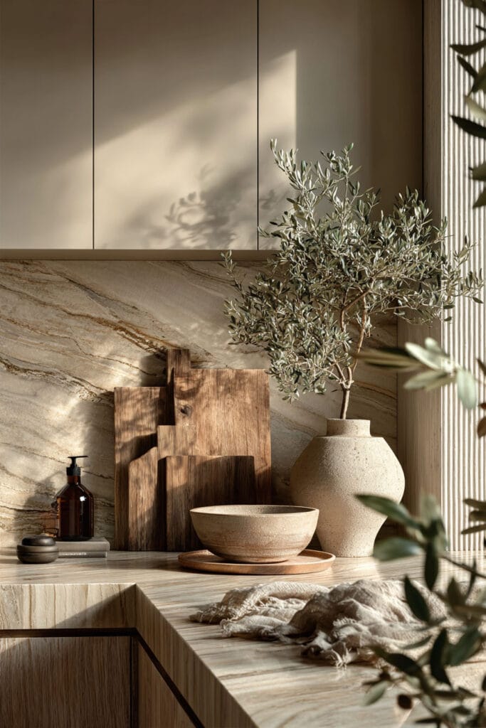 Organic modern kitchen with olive branches, warm wood cutting boards, stone backsplash, beige cabinets, and earthy natural textures