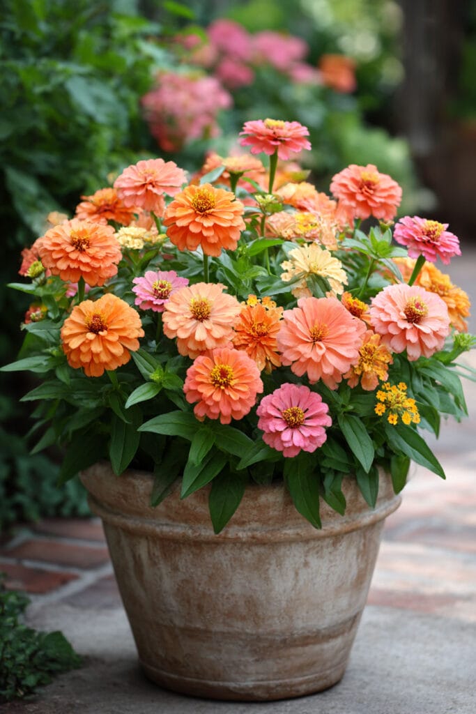 Large terracotta planter filled with peach and pink heat-tolerant zinnias in a romantic cottage garden setting