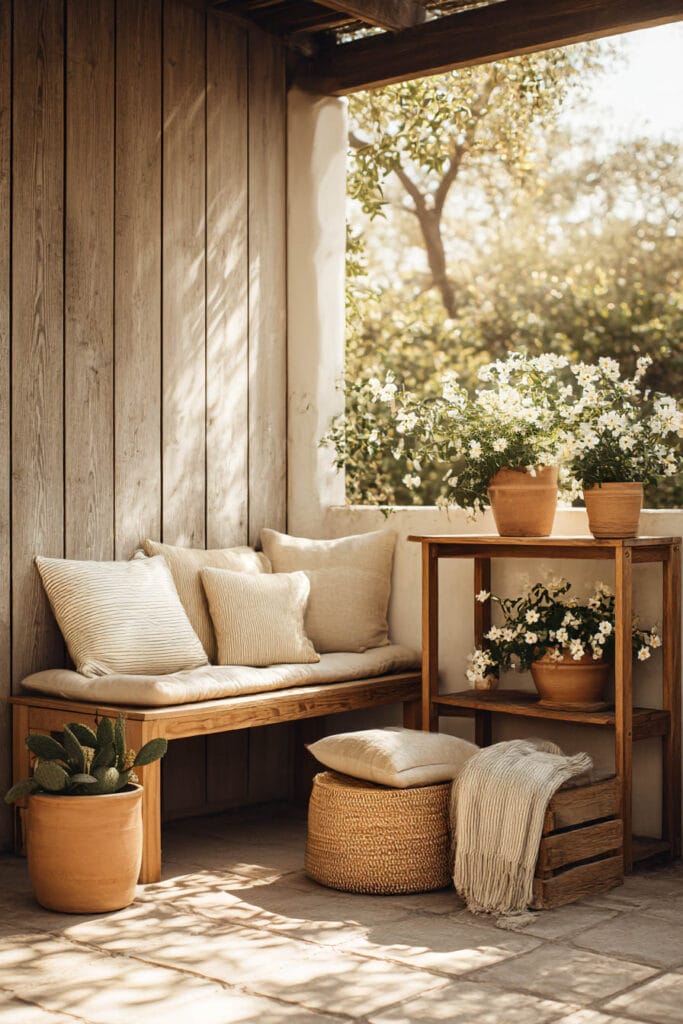 Cozy patio seating area with white heat-tolerant flowering plants in terracotta pots, warm wood textures, and soft Mediterranean-style decor