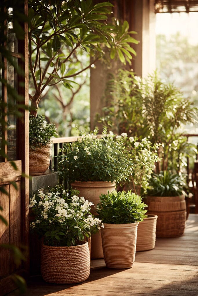 Mediterranean porch with white flowering plants, terracotta pots, woven planters, and heat-tolerant container garden styling