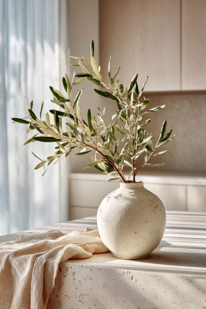 Minimalist small kitchen decor with olive branches in a ceramic vase on a neutral stone countertop