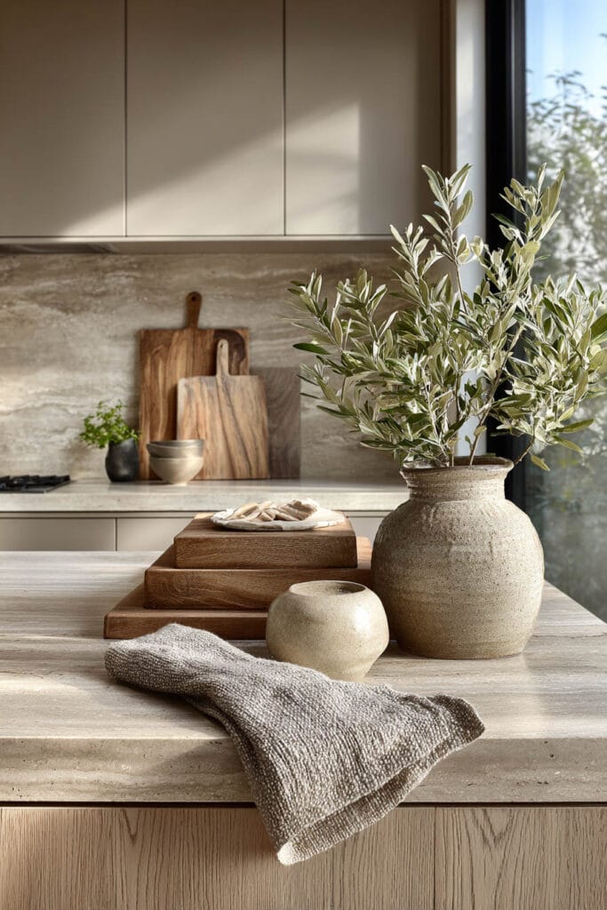 Organic modern kitchen with olive branches, layered wood cutting boards, stone countertops, neutral cabinetry, and earthy decor