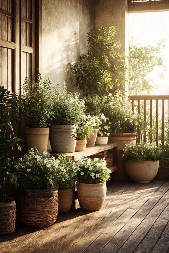 Heat-tolerant potted flowering plants on a cozy wooden balcony with terracotta containers, soft white blooms, and warm natural sunlight