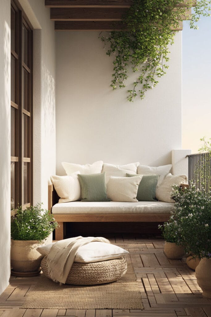 Mediterranean balcony lounge with heat-tolerant potted plants, trailing vines, woven textures, and neutral outdoor seating