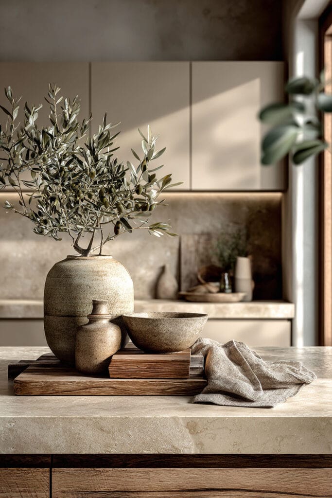 Organic modern kitchen with olive branches, stone island, layered wood trays, neutral ceramics, and warm earthy textures