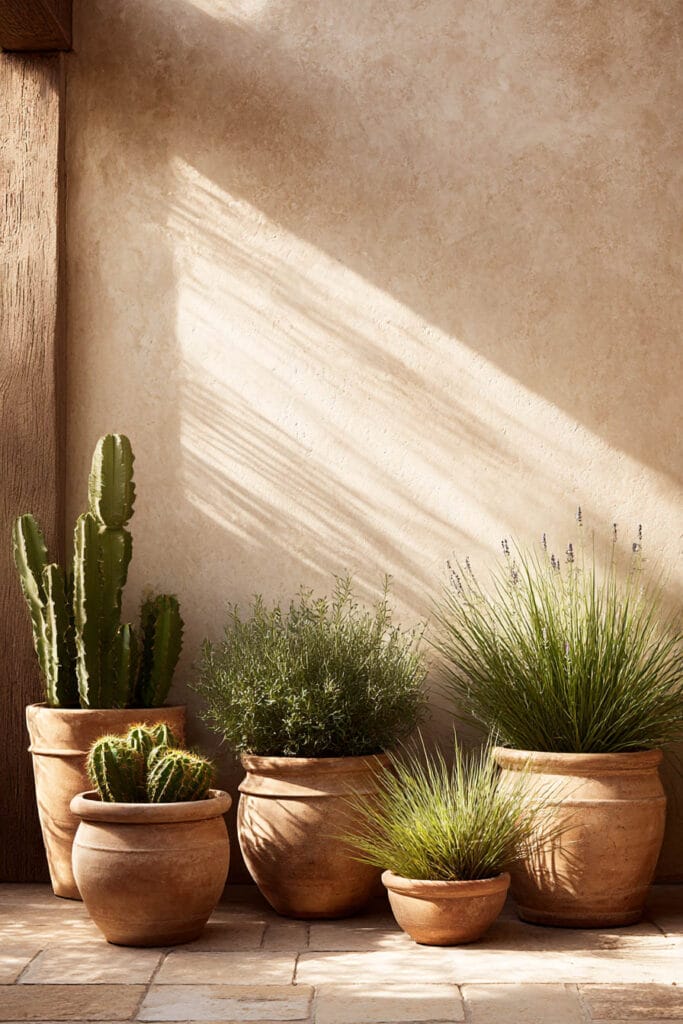 Terracotta pots with heat-tolerant plants including cactus, lavender, and ornamental grasses in a warm Mediterranean-style patio corner