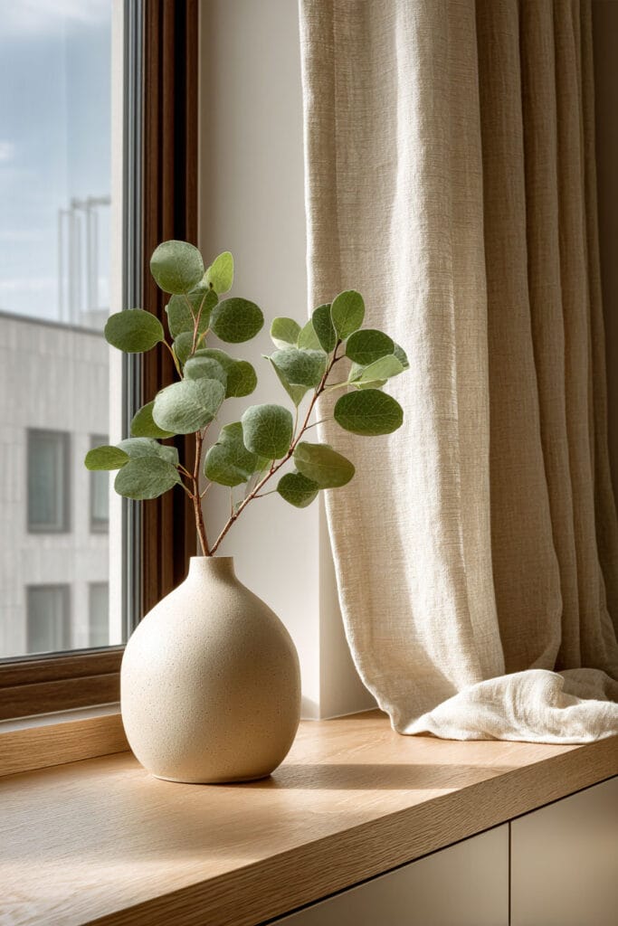 Minimalist organic modern kitchen styling with eucalyptus stems, neutral ceramic vase, linen curtains, and warm wood windowsill