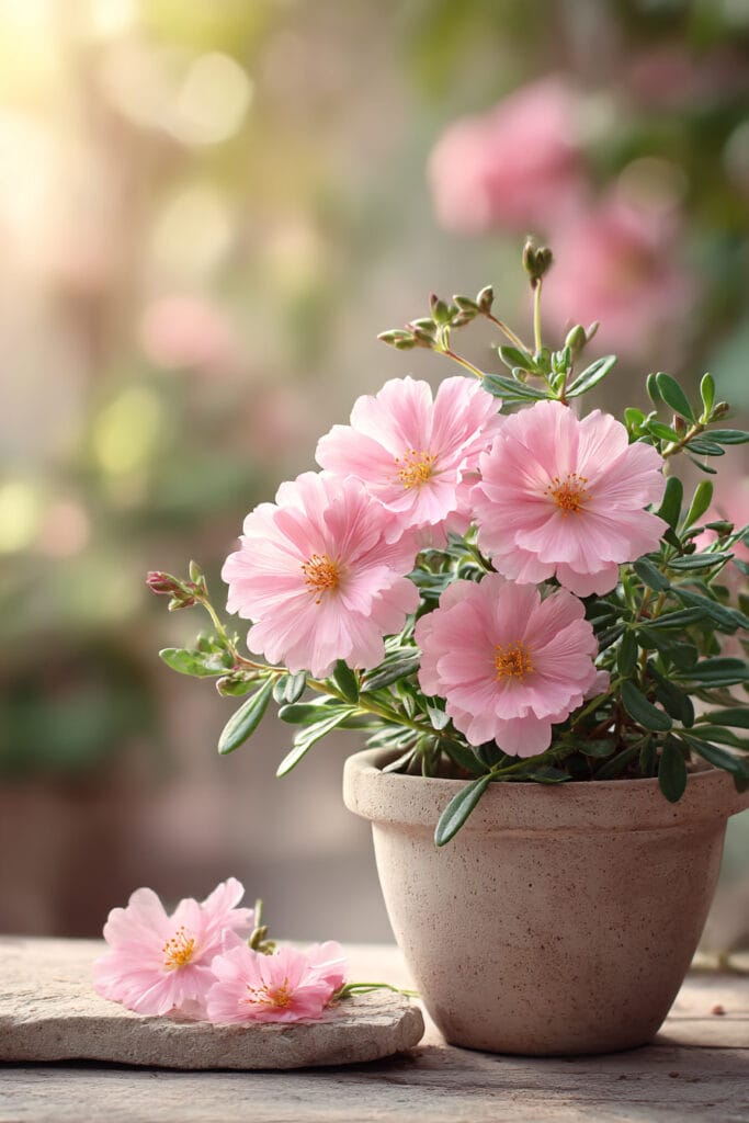 Soft pink heat-tolerant flowers in terracotta pot with warm Mediterranean garden styling and natural sunlight
