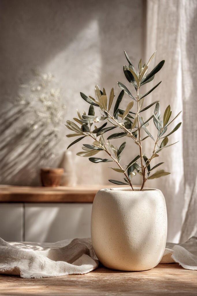Minimalist organic modern kitchen decor with olive branches, neutral ceramic vase, soft linen fabric, and warm natural light