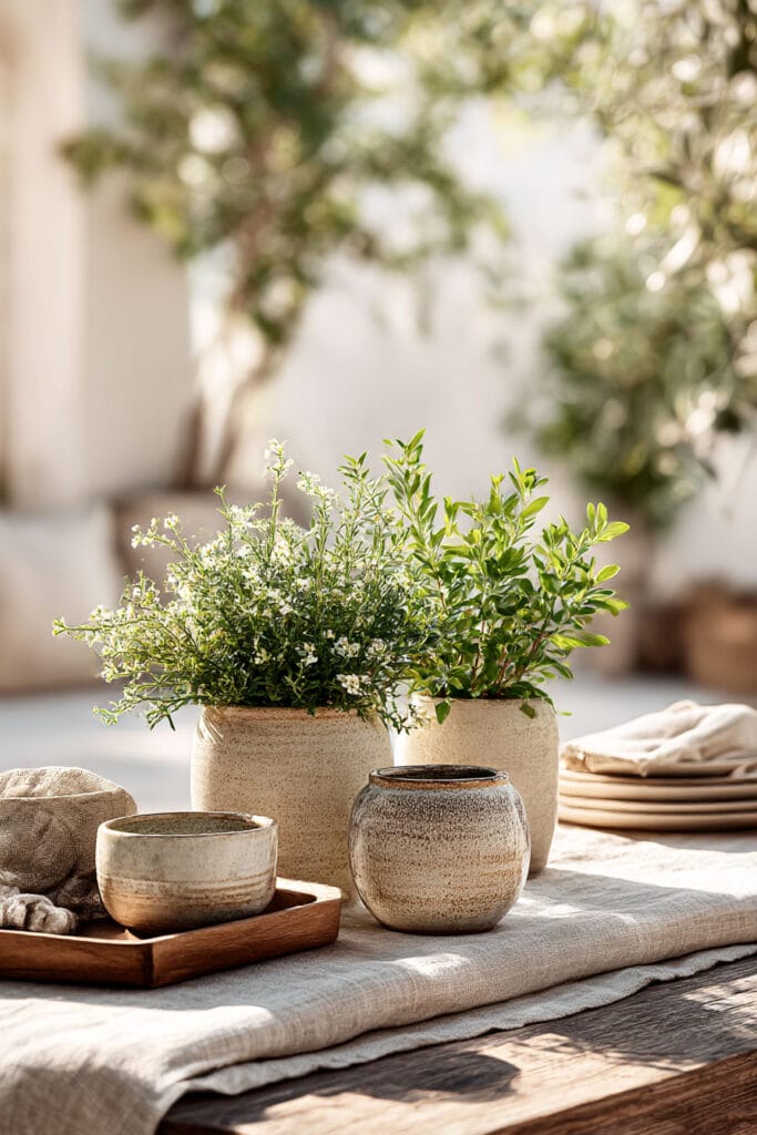 Heat-tolerant potted plants with delicate white flowers styled on a neutral outdoor table with ceramic pots and warm natural sunlight