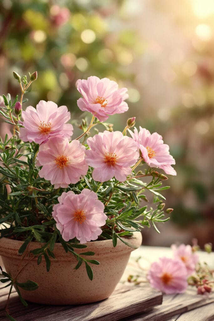 Pink heat-tolerant Mediterranean flowers in terracotta planter with soft sunlight and romantic garden styling