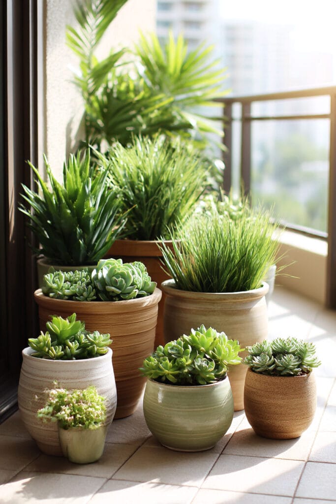 Mediterranean-style balcony with succulents, ornamental grasses, ceramic pots, and heat-tolerant container plants in bright sunlight