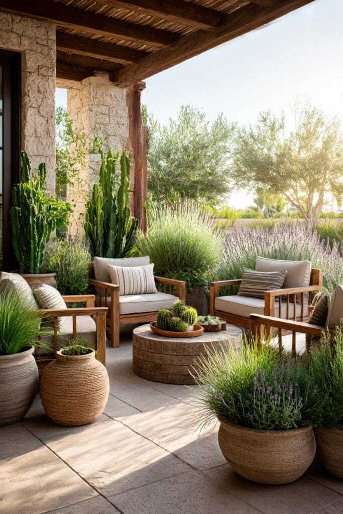 Mediterranean patio with lavender, cacti, olive trees, terracotta planters, and heat-tolerant outdoor seating area