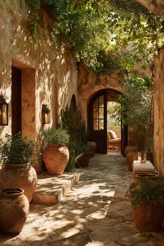 Mediterranean garden passageway with terracotta pots, climbing vines, rustic stone flooring, and warm natural sunlight