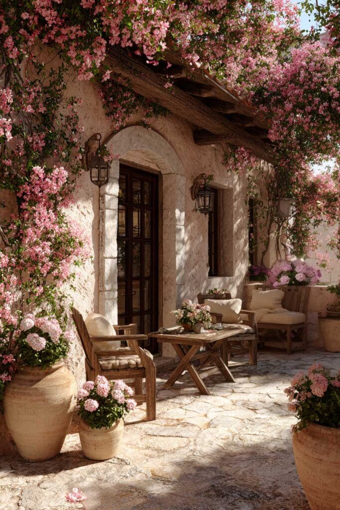 Mediterranean patio with pink bougainvillea, terracotta flower pots, rustic seating, and warm sunlit courtyard styling