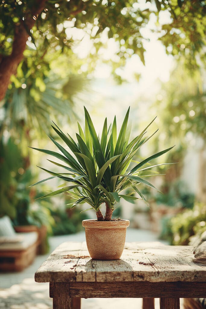 Drought-tolerant Mediterranean plant in terracotta pot on rustic outdoor table with warm sunlight and lush garden background