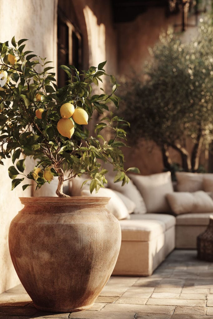 Mediterranean patio with lemon tree in oversized terracotta planter, neutral outdoor seating, and warm villa-style courtyard