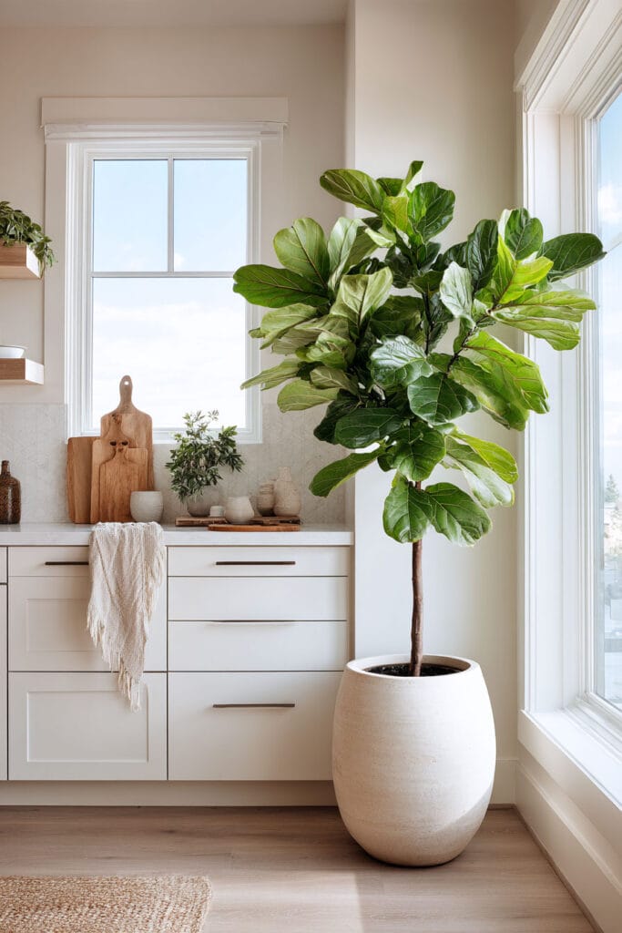 Organic modern kitchen with large fiddle leaf fig tree, white cabinets, warm wood decor, neutral textures, and natural light