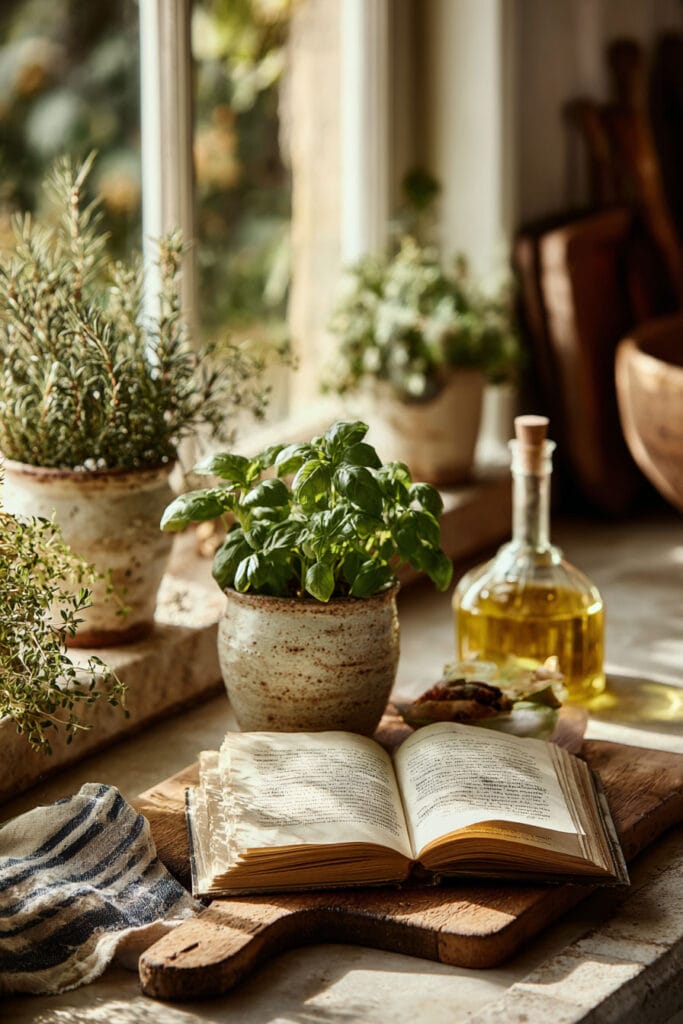 Small kitchen herb garden with basil and rosemary in ceramic pots styled on a warm kitchen countertop near a sunny window