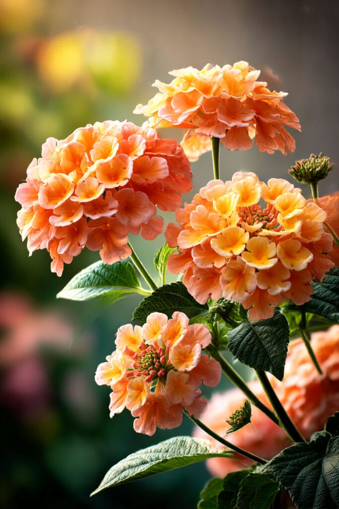 Soft peach lantana flowers blooming in warm sunlight with heat-tolerant flowering plants and romantic garden colors