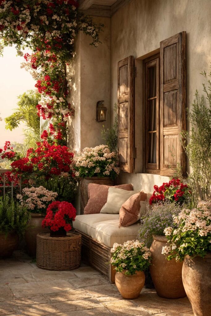 Mediterranean balcony with red geraniums, terracotta flower pots, rustic shutters, and cozy outdoor seating in warm sunlight