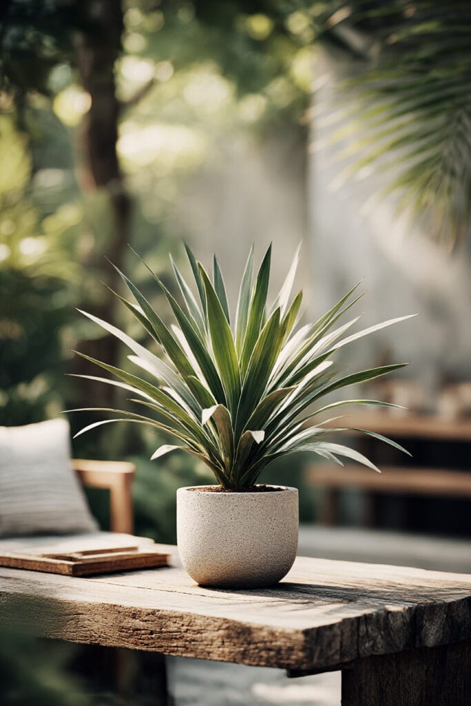 Heat-tolerant Mediterranean potted plant on rustic outdoor table with tropical greenery and warm natural sunlight