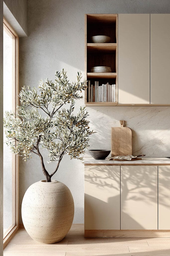Organic modern kitchen with olive tree, beige cabinets, natural wood shelving, textured walls, and warm neutral decor