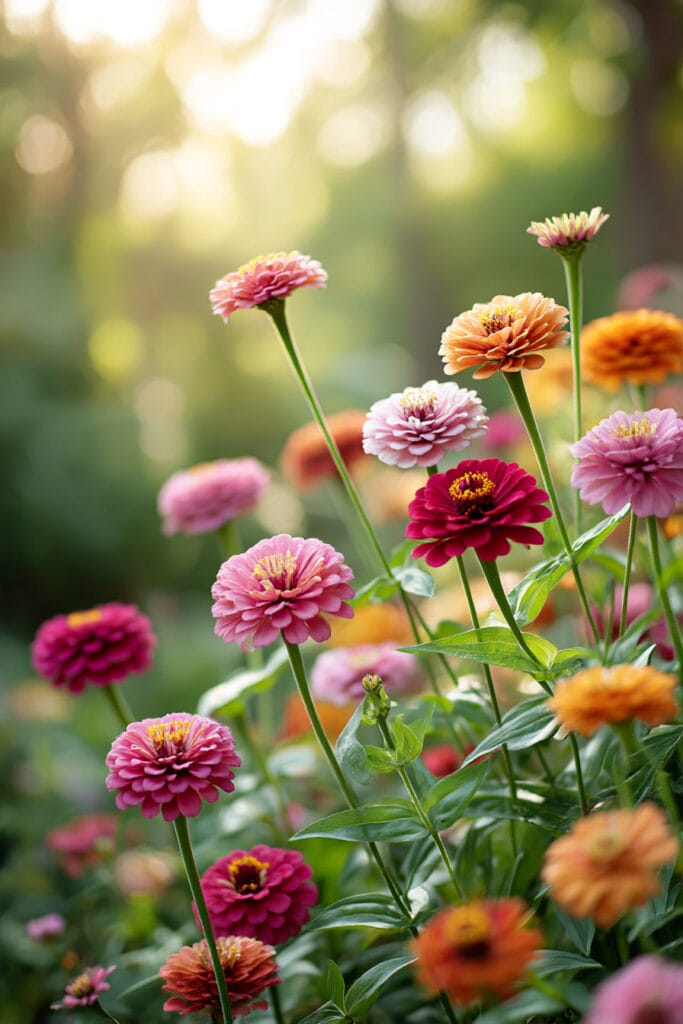 Colorful heat-tolerant zinnia flowers blooming in a soft romantic summer garden with pink and coral flowers in warm sunlight