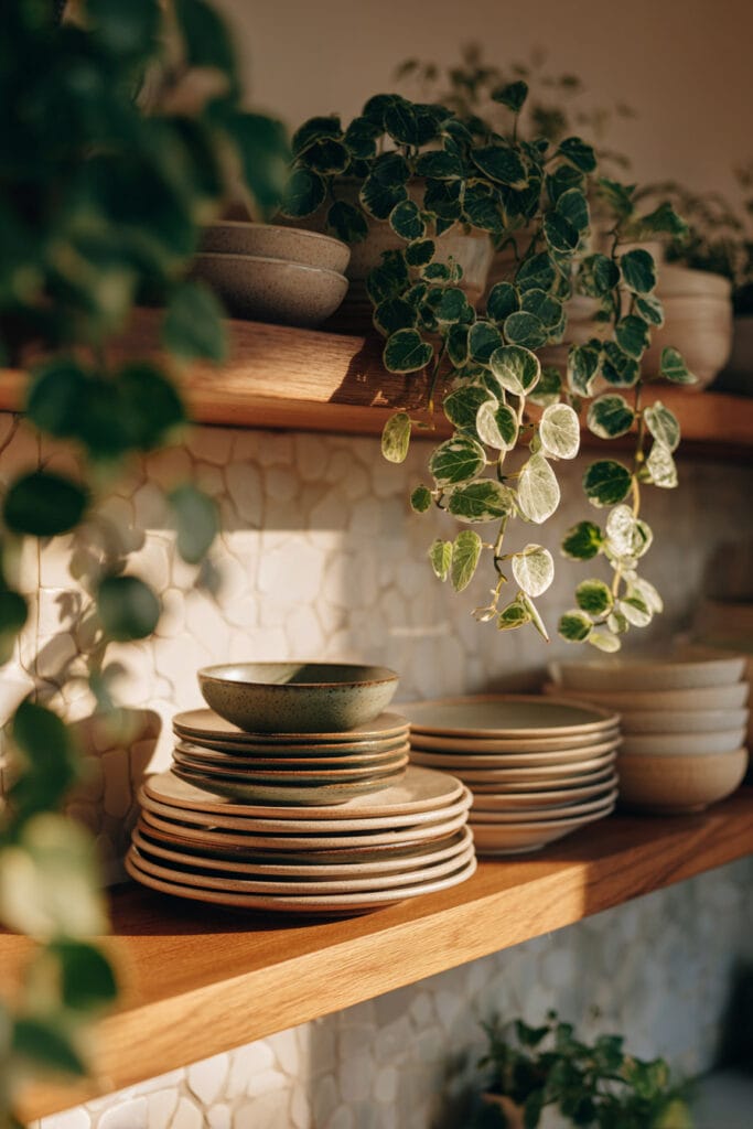 Small kitchen open shelving with trailing houseplants, stacked ceramic dishes, and warm wood shelves in a cozy neutral kitchen