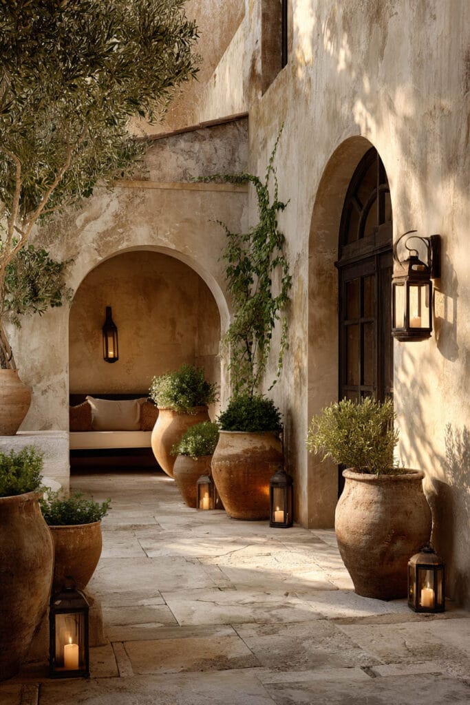 Mediterranean courtyard with terracotta pots, olive tree, lantern lighting, and warm weathered plaster walls