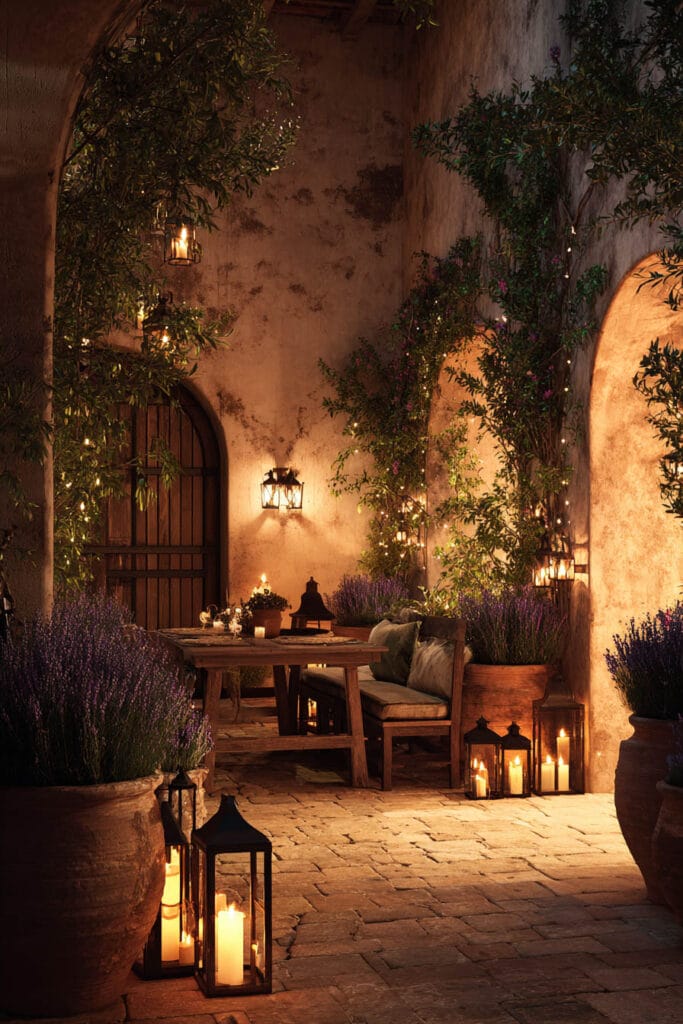 Mediterranean courtyard at night with lavender, lanterns, candles, terracotta pots, and warm outdoor lighting