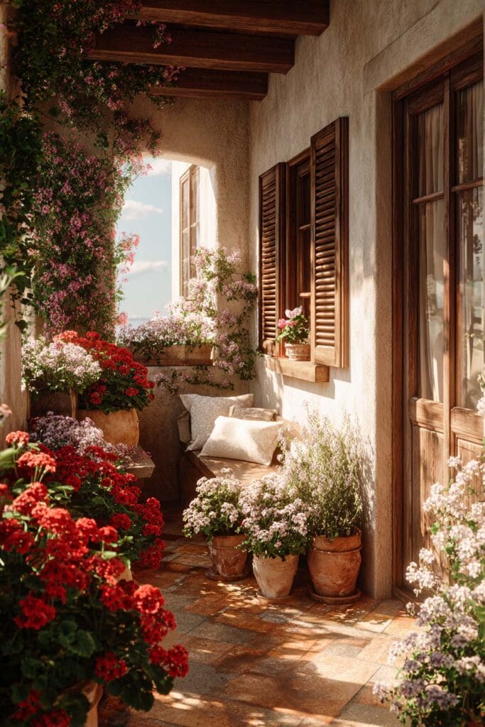 Mediterranean balcony with red geraniums, terracotta flower pots, rustic shutters, and cozy sunlit seating area