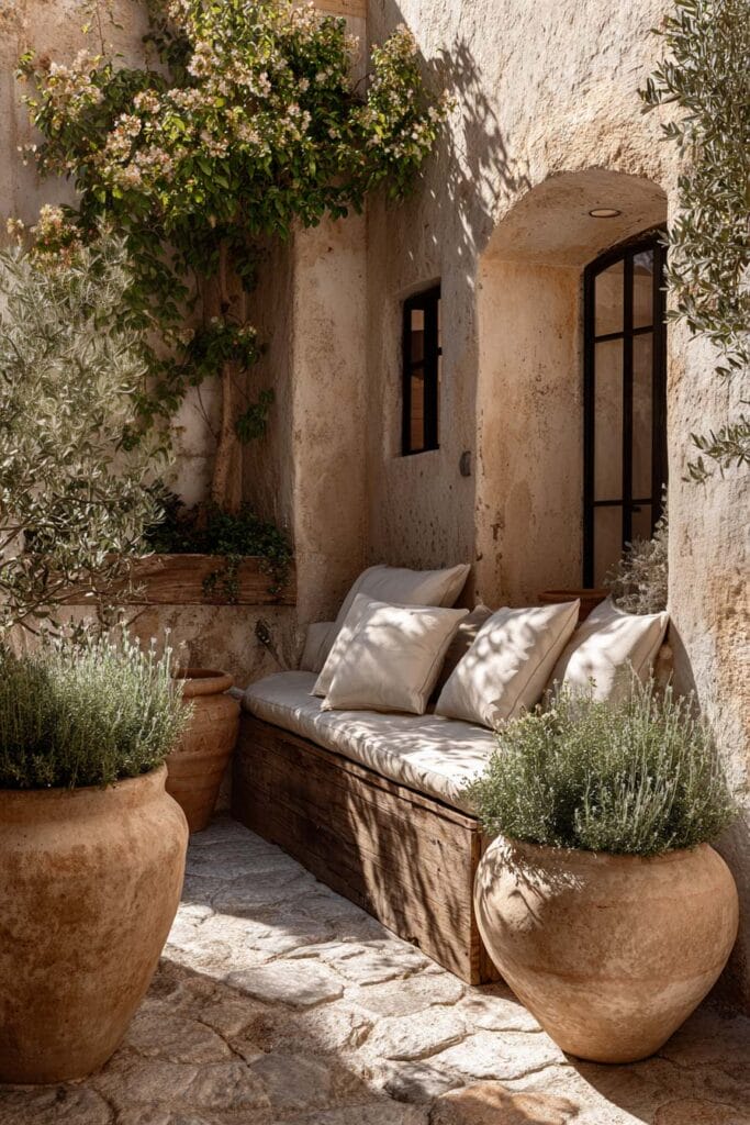Mediterranean garden seating nook with terracotta pots, lavender, rustic wood bench, and warm weathered courtyard styling