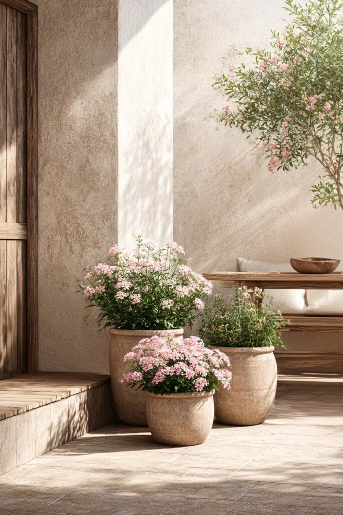 Mediterranean patio with pink heat-tolerant flowering plants in stone pots against warm plaster walls