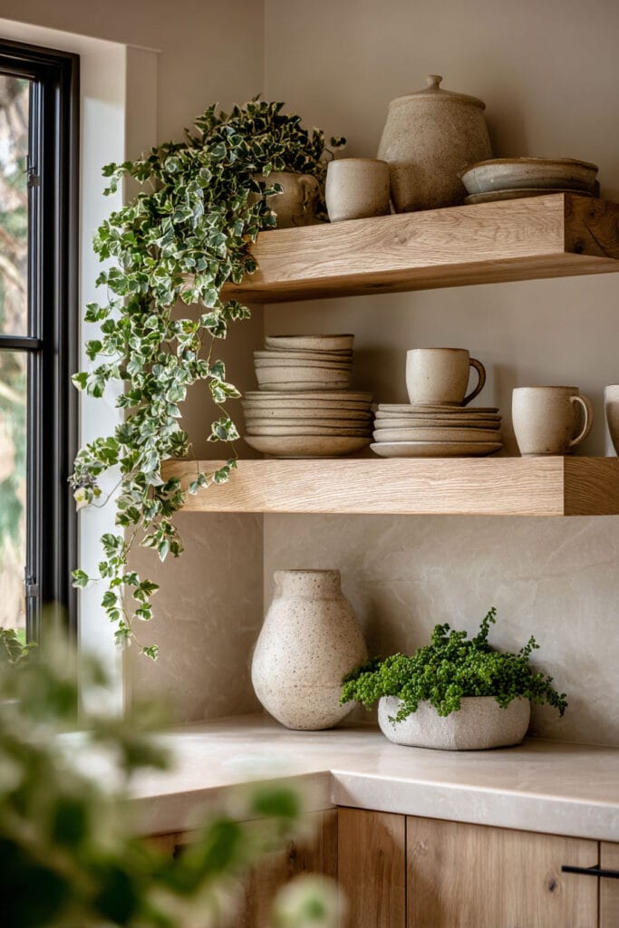 Organic modern kitchen open shelving with trailing plants, warm wood shelves, neutral ceramics, and natural stone textures