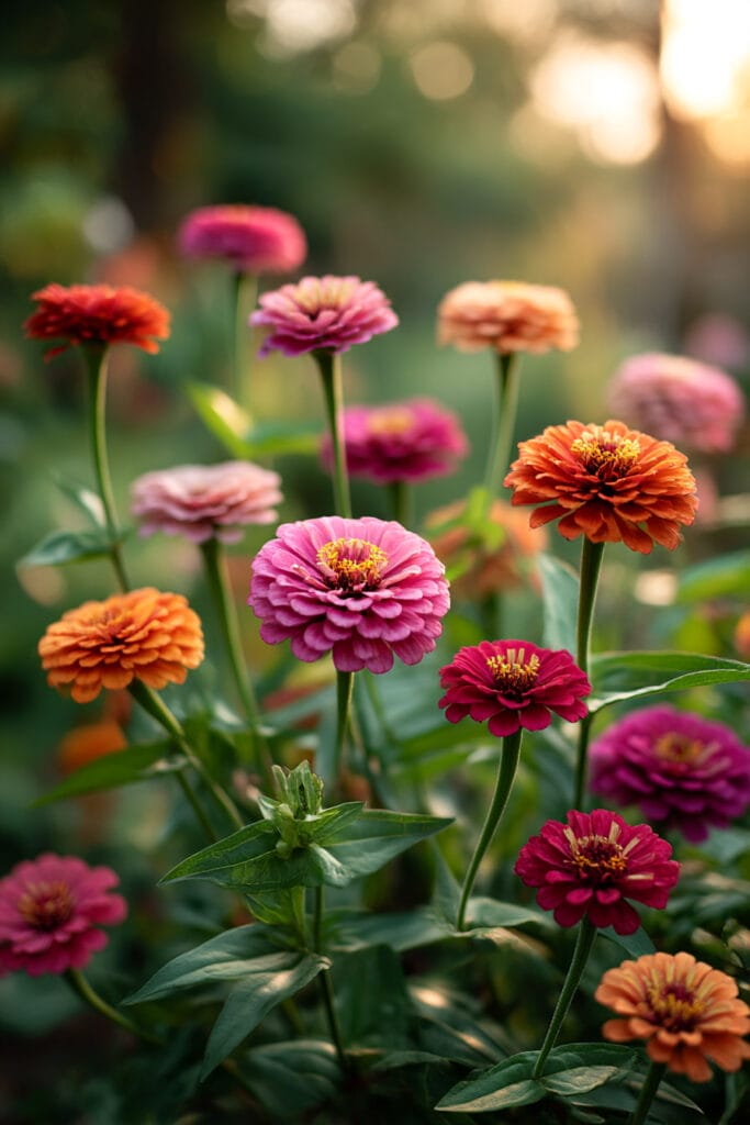 Pink and orange zinnia flowers blooming in a romantic heat-tolerant summer garden with colorful flowers and soft golden sunlight
