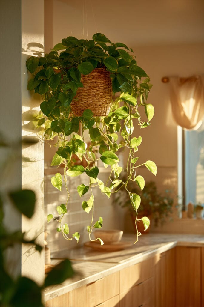 Small kitchen with hanging pothos plant in woven basket above warm wood cabinets and neutral countertops