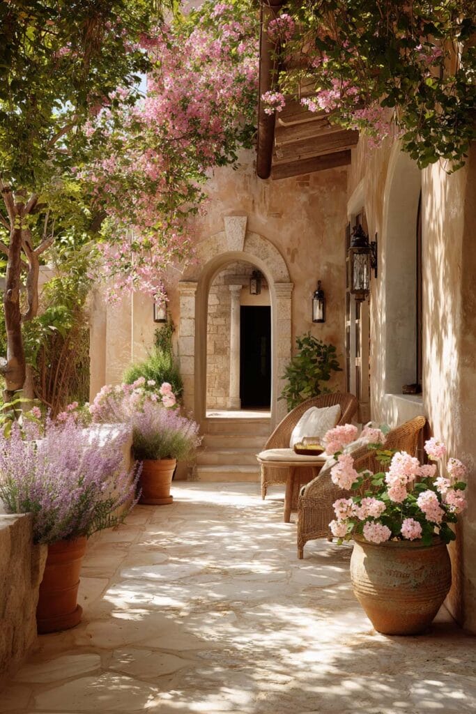 Mediterranean garden walkway with pink bougainvillea, lavender, wicker seating, terracotta pots, and warm sunlit courtyard