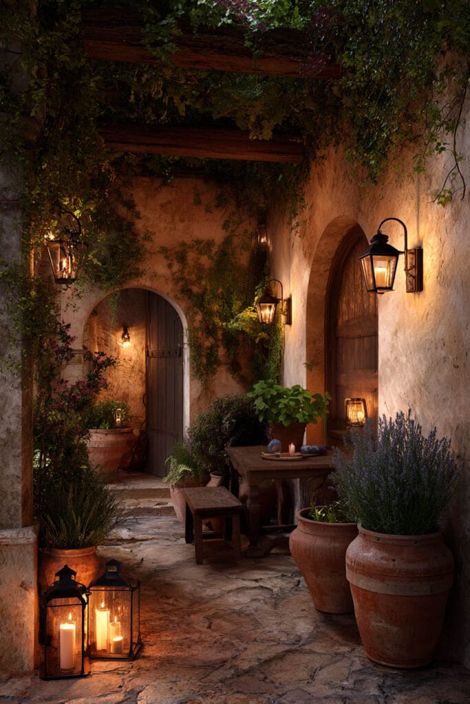 Mediterranean courtyard at night with lantern lighting, lavender planters, climbing vines, terracotta pots, and warm candlelit ambiance