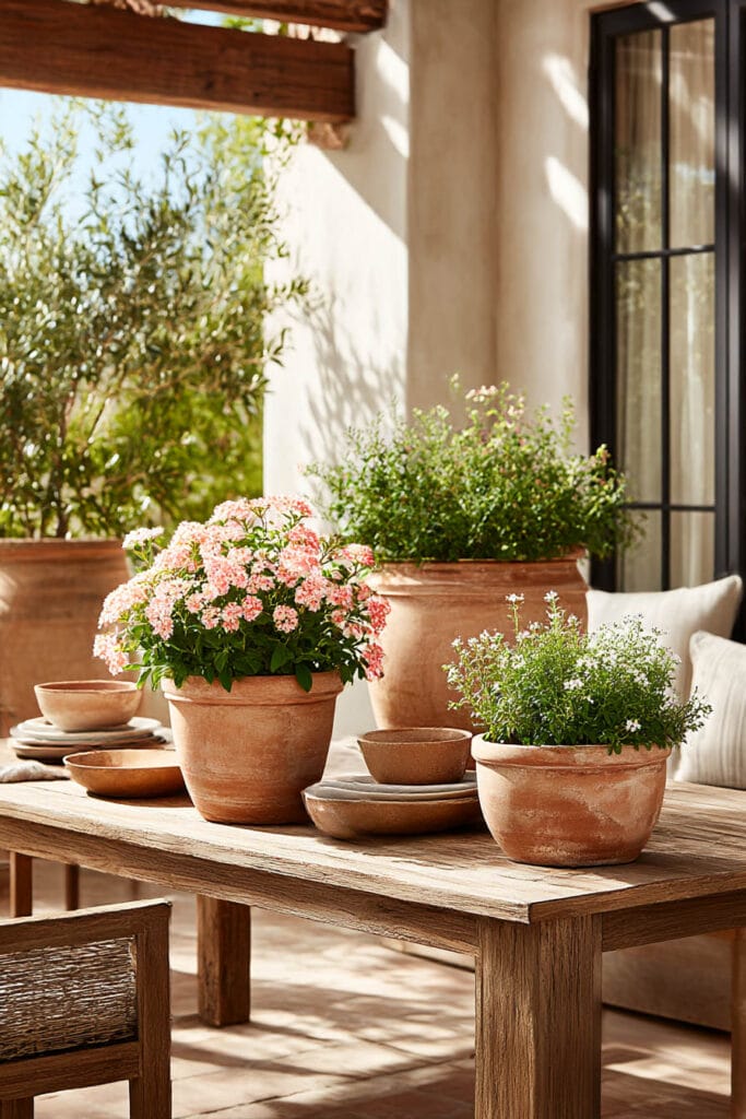 Mediterranean patio dining table with terracotta pots, pink flowering plants, and heat-tolerant container garden styling