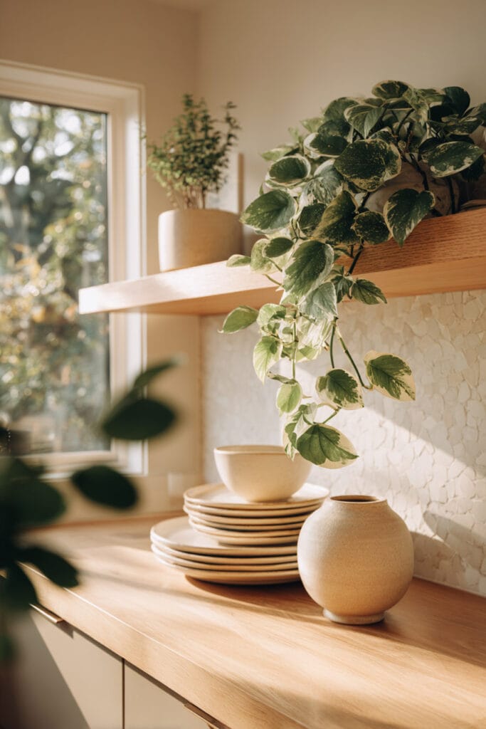 Organic modern kitchen shelves with trailing pothos plant, wood shelving, neutral ceramics, textured backsplash, and warm natural light