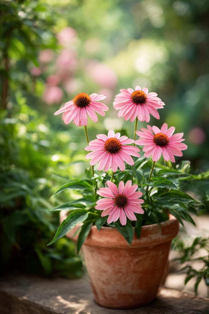 Pink coneflowers in a terracotta planter with heat-tolerant flowering plants and soft romantic cottage garden styling