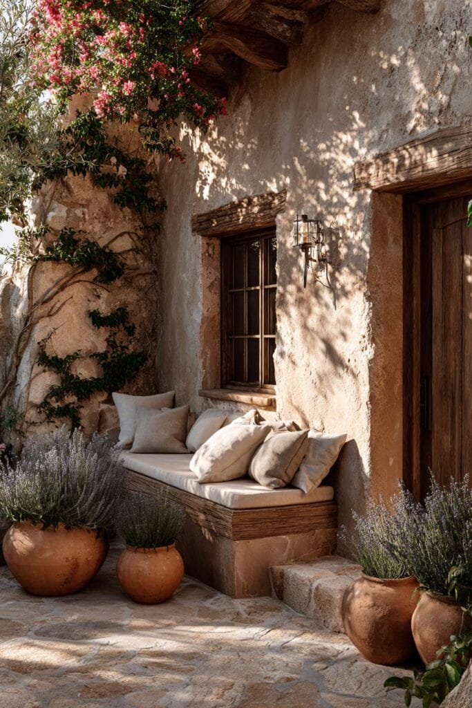 Mediterranean courtyard with lavender, terracotta pots, rustic seating, climbing bougainvillea, and weathered plaster walls