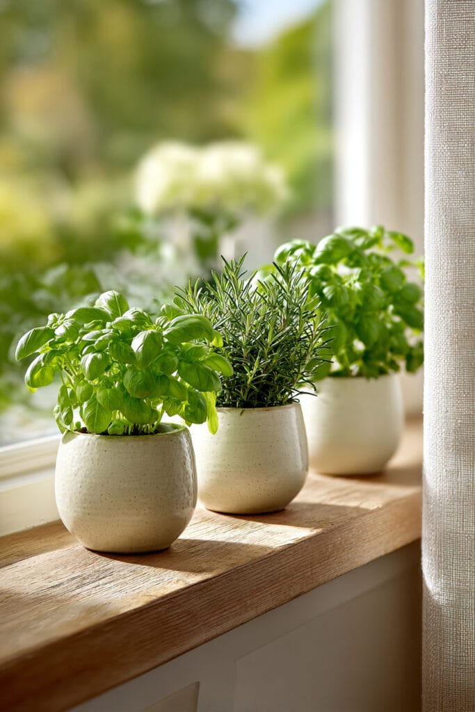 Small kitchen windowsill herb garden with basil and rosemary in white ceramic pots styled in natural sunlight