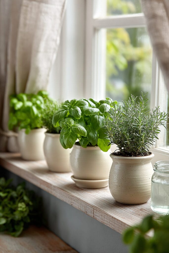 Small kitchen windowsill styled with basil and rosemary plants in neutral ceramic pots with soft natural light